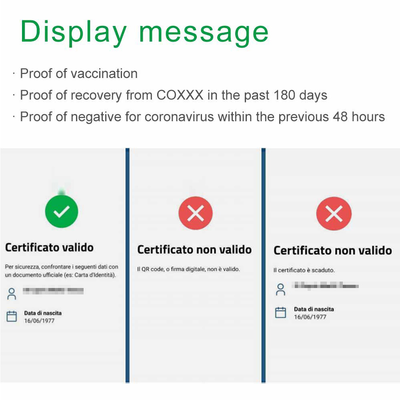 COVID 19 Digital Green Passport เครื่องอ่านรหัสสุขภาพของสหภาพยุโรป Italy Checked Green Pass Scanner